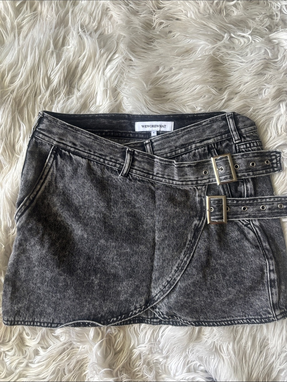 WeWoreWhat Black Acid-Wash Mini Skirt Buckle Straps